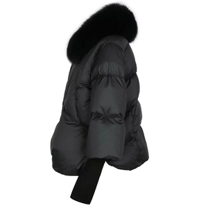 Manteau d'hiver court et ample pour femme, chaud, avec col en fourrure de renard amovible, pompons, noir, rembourré de duvet de canard blanc, respirant - Product Image 5
