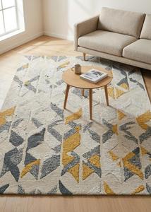 Tapis en laine tufté à la main ivoire très demandé, motif géométrique abstrait gris-moutarde, antidérapant, à poils moyens, avec envers en coton et silicone - Product Image 6
