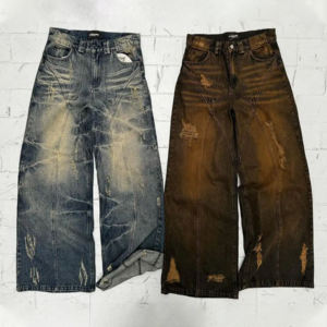 Pantalones anchos de mezclilla 100% algodón para hombre, estilo urbano, sexy, color liso marrón, vintage, lavado sucio, tejido personalizado - Product Image 1