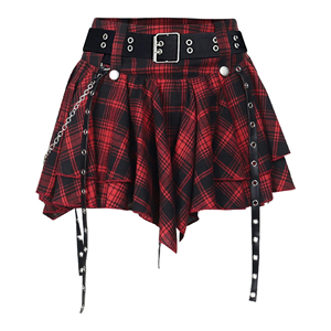 Minifalda Plisada a Cuadros Estilo Gótico Punk para Mujer, Cintura Alta con Detalle de Cinturón, Moda Alternativa, Venta al Por Mayor - Product Image 1