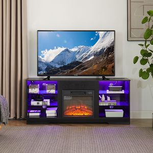 Mobile TV con Camino Elettrico, Ripiani in Vetro e Luci LED, Effetto Legno 3D, Presa USB, Arredamento Moderno per la Casa - Product Image 1