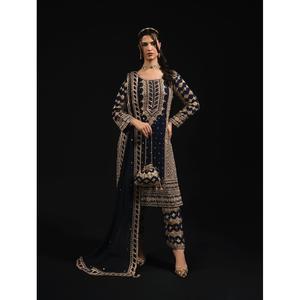 TENDENCIA GEORGETTE HILO SECUENCIA TRABAJO TOP INFERIOR CON DUPATTA AZUL - Product Image 1