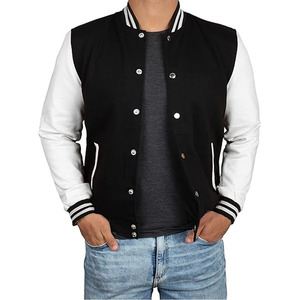 Varsity <b>Jacket</b> for <b>Men</b> Stand Collar <b>Leather</b> Sleeves Embroidery Autumn Black Letterman Baseball Style - Product Image 2