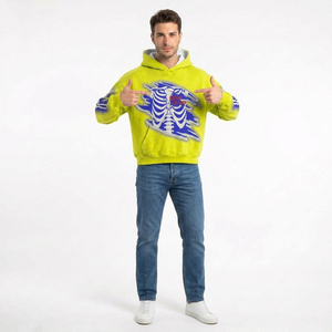 Sudadera con Capucha Extra Grande para Hombre, Color Amarillo, con Estampado de Esqueleto, Estilo Urbano, Felpa de Algodón, Impresión Personalizada en el Frente, la Espalda y las Mangas - Product Image 5