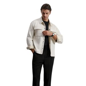 <b>Men's</b> Off-<b>White</b> Button-Up Jacket, <b>Long</b>-<b>Sleeve</b>, Collared Overshirt Dual Pocket Design Minimalist Fashion Outerwear Clothing - Product Image 4