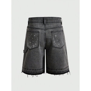 Pantalones Cortos de Mezclilla Negros para Hombre con Bolsillo de Pedrería, Cintura Alta Casual, Elástica, Cierre de Botón, Estilo de Secado Rápido - Product Image 5