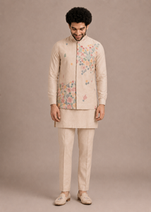 Floral Embroidered <b>Men</b> <b>Kurta</b> Pant Set Beige Satin Woven Formal Indian Outfit with Jacket - Product Image 5