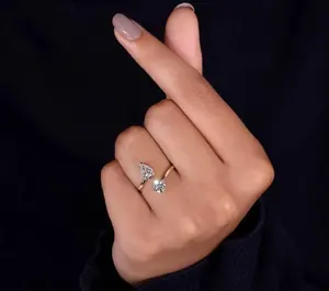 Anillo Abierto de Moissanita, Corte Pera, Corte Redondo, Ajustable, Plata de Ley 925, Anillo de Compromiso para Mujer, Joyería Fina - Product Image 1