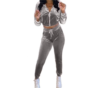 Wholesale zipper crop top <b>hoodie</b> with joggers trousers two piece set for women with your own logo - Product Image 1