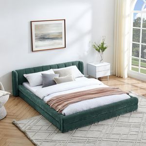 Letto matrimoniale imbottito con testiera in tessuto ciniglia spesso e piattaforma in legno massello - Product Image 1