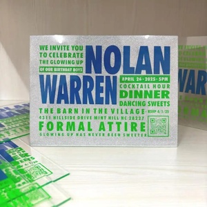 Invitación de Cumpleaños Personalizada en Acrílico con Purpurina Plateada, Tipografía Gruesa, Impresión en Azul y Verde Neón, Tarjeta de Invitación con Código QR - Product Image 1