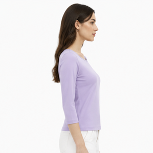 Camiseta de Manga 3/4 para Mujer, de Algodón Orgánico, Color Marrón Sólido, Cuello Redondo, 100% Algodón Orgánico de Lujo, Ecológica - Product Image 5