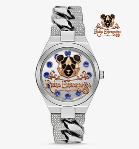 Moissanite Quartz Wristwatch with Fully Set Exterior Details and a Broad Polished Steel <b>Bracelet</b>. - Product Image 1