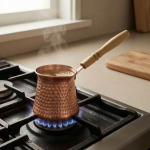 Cezve Ibrik en cuivre martelé artisanal, pot à café turc avec poignée en bois, forme ronde, design traditionnel - Product Image 4