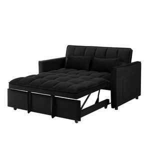 55.1-Inch Modern Velvet <b>Black</b> <b>Double</b> Sofa <b>Bed</b> 3-in-1 Convertible with Adjustable Back Storage Bag Pillow for Living Room Bedroom - Product Image 5