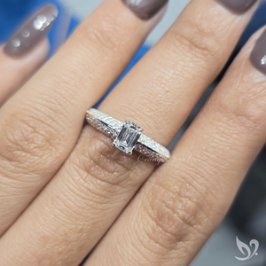 emerald cut 0.50 CT lab grown <b>diamond</b> <b>ring</b> with micro pave band in 10K white gold IGI certified engagement <b>ring</b> - Product Image 4