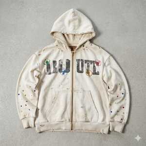 Sweat à capuche zippé intégral vintage pour homme, effet vieilli, en polaire oversize, délavé à l'acide, avec manches à motifs graphiques grunge et strass numériques, pour l'hiver - Product Image 2