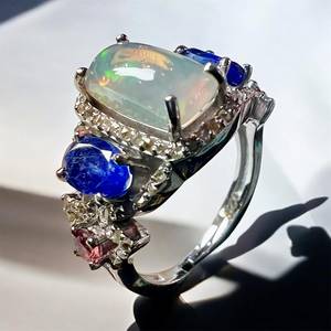Natural Ethiopian <b>Opal</b>, <b>Blue</b> Sapphire And Pink Tourmaline Gemstone With Single Cut Diamond 925 Sterling Silver <b>Ring</b> - Product Image 3