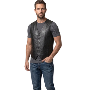 Gilet de motard en cuir véritable noir pour homme Leath Cult, col en V, simple boutonnage - Product Image 4