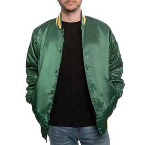Blouson bomber en satin vert pour homme, coupe classique, col rabattu, couleur unie, vêtement décontracté pour l'automne - Product Image 1