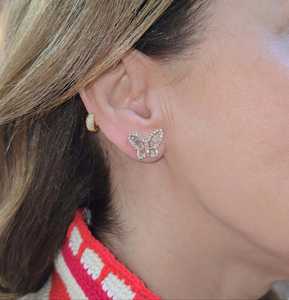 Boucles d'oreilles clous papillon pavées de diamants de laboratoire ronds et baguettes, délicates, minimalistes, de luxe, pour usage quotidien, en or massif 14K 18K - Product Image 6