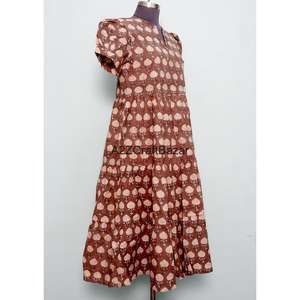 เดรสยาวลำลองสำหรับฤดูร้อน ผ้าฝ้าย 100% ไม่ถักทอ ลายดอกพิมพ์บล็อก แขนยาว เอวธรรมชาติ เป็นมิตรกับสิ่งแวดล้อม ซักได้ - Product Image 5