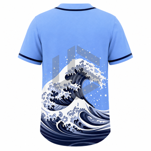 เสื้อเบสบอลแบบซับลิเมชั่นสั่งทำพิเศษสำหรับทุกเพศ สีฟ้าอ่อน ลายคลื่น ติดกระดุม แขนสั้น ระบายอากาศได้ดี ซับเหงื่อ ไซส์พลัส สำหรับทีม - Product Image 4
