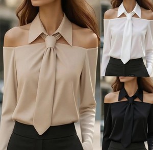 Elegante Blusa de Satén para Mujer con Hombros Descubiertos, Cuello con Lazo, Manga Larga, Color Sólido, Cuello Camisero, Ideal para Oficina - Product Image 4