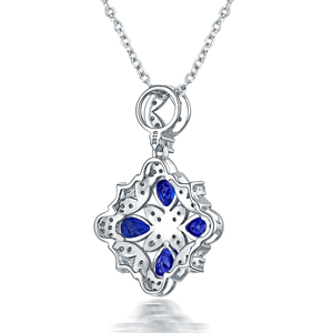 <b>Flower</b> Shape Sapphire Pendant Necklace Women's 925 Silver Rhodium Plated Round Brilliant Cut Diamonds <b>Box</b> Chain Luxury Style - Product Image 2