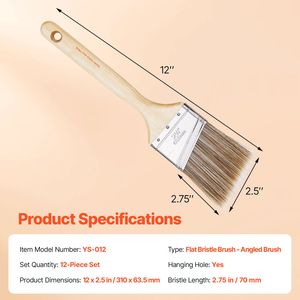 Set di 12 Pennelli Angolari di Grado Industriale con Manico in Legno Trattato per Vernici al Lattice, a Olio e Tinte - Product Image 3