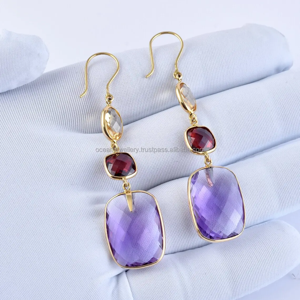 18K Amethyst & Garnet Citrine Earring Hoops Gold Earrings Natural Amethyst Wire Hoops Earrings For Women