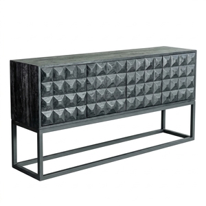 Dice Buffet Black Modern Wooden Credenza <b>Sideboard</b> <b>Storage</b> Cabinet With Geometric Diamond Pattern Carved Facade And Metal Base - Product Image 1