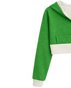 Sweat-shirt à capuche zippé court personnalisé pour femme, vert vif et polaire en coton, style color block, veste décontractée streetwear - Product Image 4