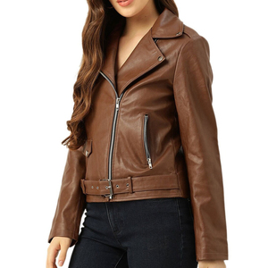 REBA SPORTS IMPEX Brown Genuine Leather Breathable Stand Collar Bomber Jacket Women Zip Pocket Cuffs Ribbed Hem Custom Logo - Product Image 4