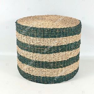 Puf cilíndrico y reposapiés de junco marino tejido a rayas, diseño artesanal moderno, tamaño y color personalizables - Product Image 3