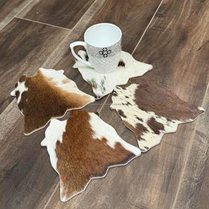 Juego de posavasos de cuero de vaca rústico de alta calidad, posavasos de cuero genuino para ocultar el pelo occidental único para bebidas, regalos de decoración del hogar - Product Image 4