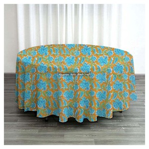 Customized Logo 100% Cotton <b>Table</b> Cloths Hand Block Print Floral Design <b>Round</b> Shape Woven Technique - Product Image 1