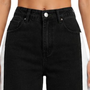 Jean large noir personnalisé pour femme, taille haute, en denim bicolore, style décontracté streetwear, pantalon tendance coupe ample - Product Image 5