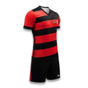 Custom Men's Red Black Striped Soccer Jersey Set V-Neck Short Sleeve Breathable Printed <b>Moisture</b> Wicking Polyester Uniform - Product Image 2