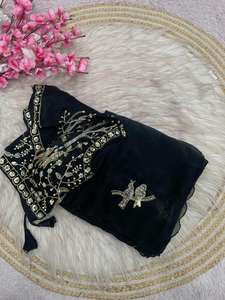 Sari de satén Fandy indio-pakistaní tradicional de verano, hermoso, bonito, puro, suave, con trabajo de lentejuelas pesadas, blusa étnica para fiesta. - Product Image 3