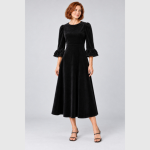 Robe midi en velours noir pour femme, manches cloche, volants, col rond trois quarts, coupe trapèze, élégante robe de soirée automne - Product Image 1