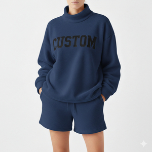 Breathable Women's Fleece Eco-Friendly Two Piece Mock Neck with Shorts <b>Set</b> 100% Cotton Winter Wear OEM ODM Service - Product Image 6