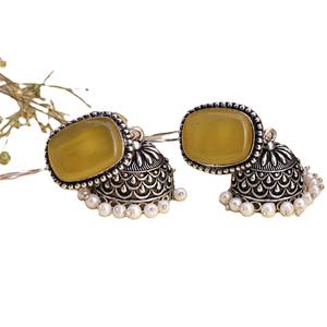 Pendientes Jhumka de Plata Oxidada con Piedra Amarilla, Joyería Bollywood para Mujer, Regalo para Ella - Product Image 1