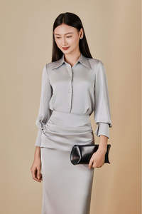 Ensemble deux pièces pour femme en satin et soie, comprenant une chemisier à col rabattu long et uni et une jupe en soie froncée, style Vietnam, KS31 - Product Image 5