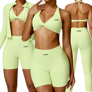 Ensemble de yoga uni pour femme, short taille haute, haut de sport sans couture à col en V profond, bretelles croisées et design torsadé, longueur intégrale - Product Image 5