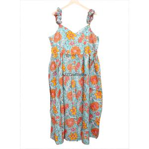 Robe longue décontractée pour femme en tissu de coton écologique imprimé au bloc, sans manches, à volants, pour la couture, idéale pour les fêtes, style simple - Product Image 2