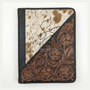 Western Tooled Leather Portfolio <b>Folder</b> Hair On Cowhide <b>A4</b> Organizer Zipper Case Vintage Black Business Padfolio Certificate Bag - Product Image 1
