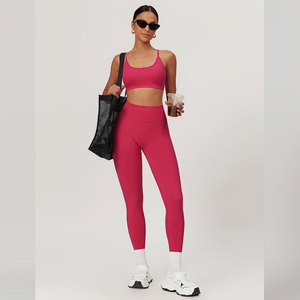 Seamless Yoga Set 2 Piece High Waist <b>Crop</b> <b>Top</b> Full Length Leggings Solid Color Pink Sport Wear for Women - Product Image 4