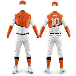 Ensemble uniforme de baseball pour hommes, orange et blanc, manches longues, pantalon en jersey sublimé avec numéro 10 et nom personnalisable - Product Image 1