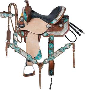 Selle Western Respirante en Cuir Multicolore avec Détails en Bois et Quincaillerie Nickelée pour l'Équitation, le Dressage et les Courses sur Sentier - Product Image 2